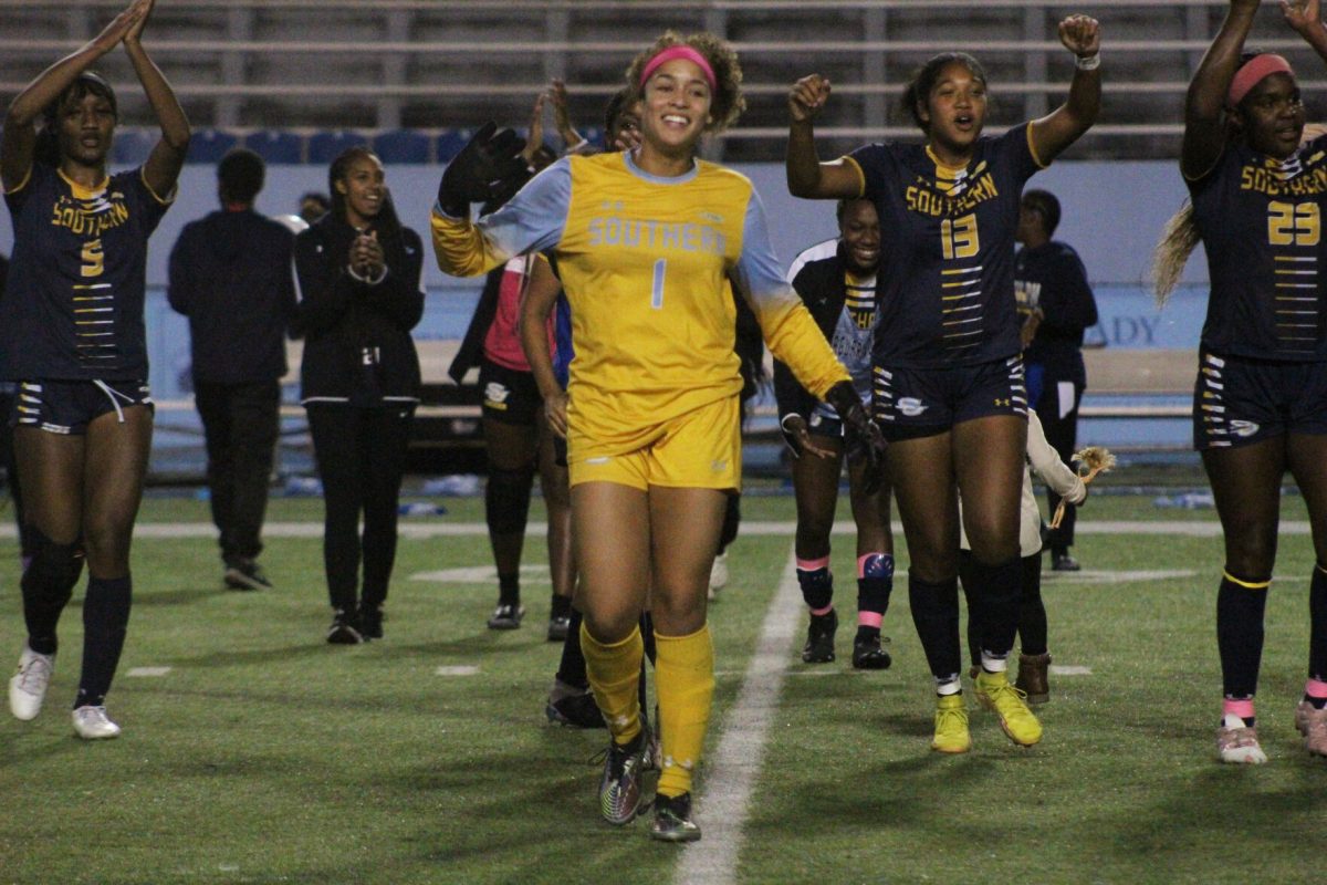 The Jaguar soccer team celebrates as they defeat Jackson State to advance to the conference tournameny.&#160;&#160;