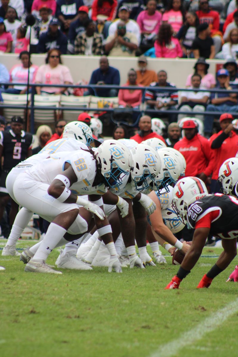 The Southern Jaguars in position to exeute their next play against the Jackson State Tigers. The Jaguar were no match for the top ranked defense of Jackson State going scoreless all game.&#160;