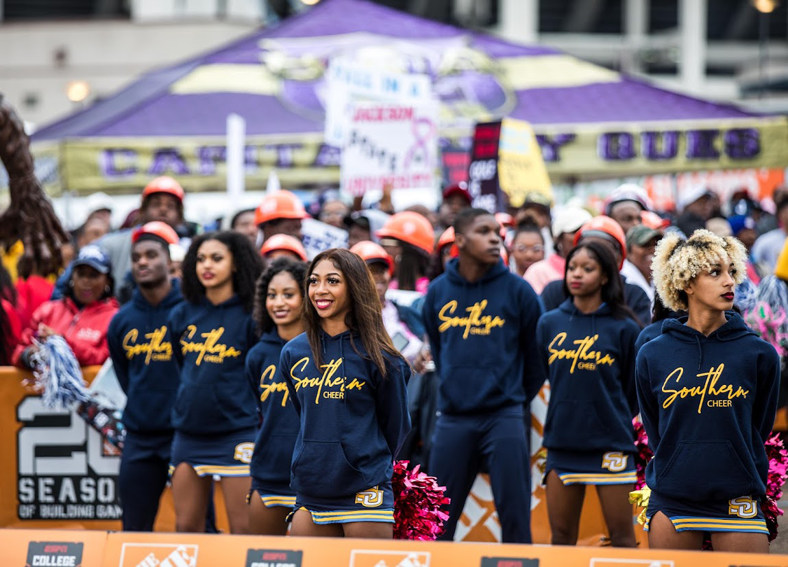 The Southern University cheer squad at the ESPN College GameDay site at Jackson State