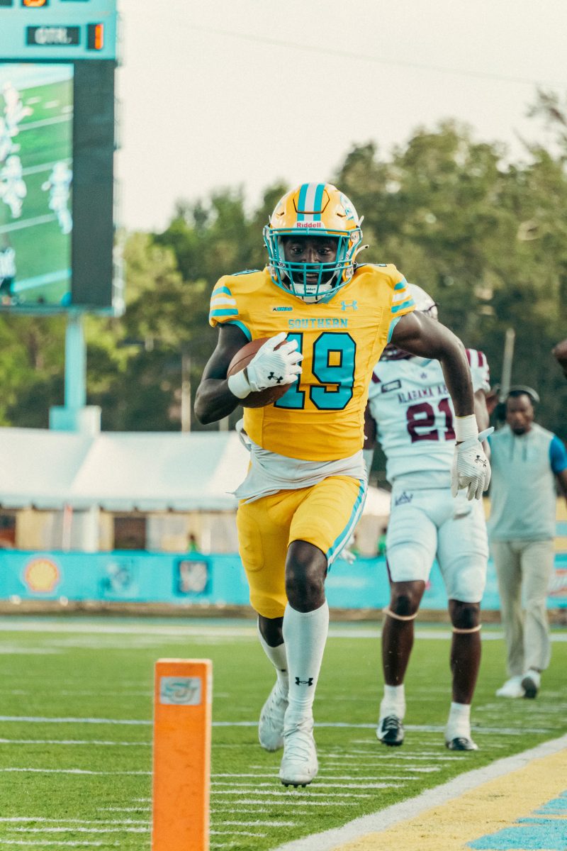 <p>Junior, Chandler Whitfield, evades a bulldog secondary and reaches the end zone during the Jaguars conference matchup against Alabama A&M on Saturday, September 16 inside A.W. Mumford Stadium.</p>