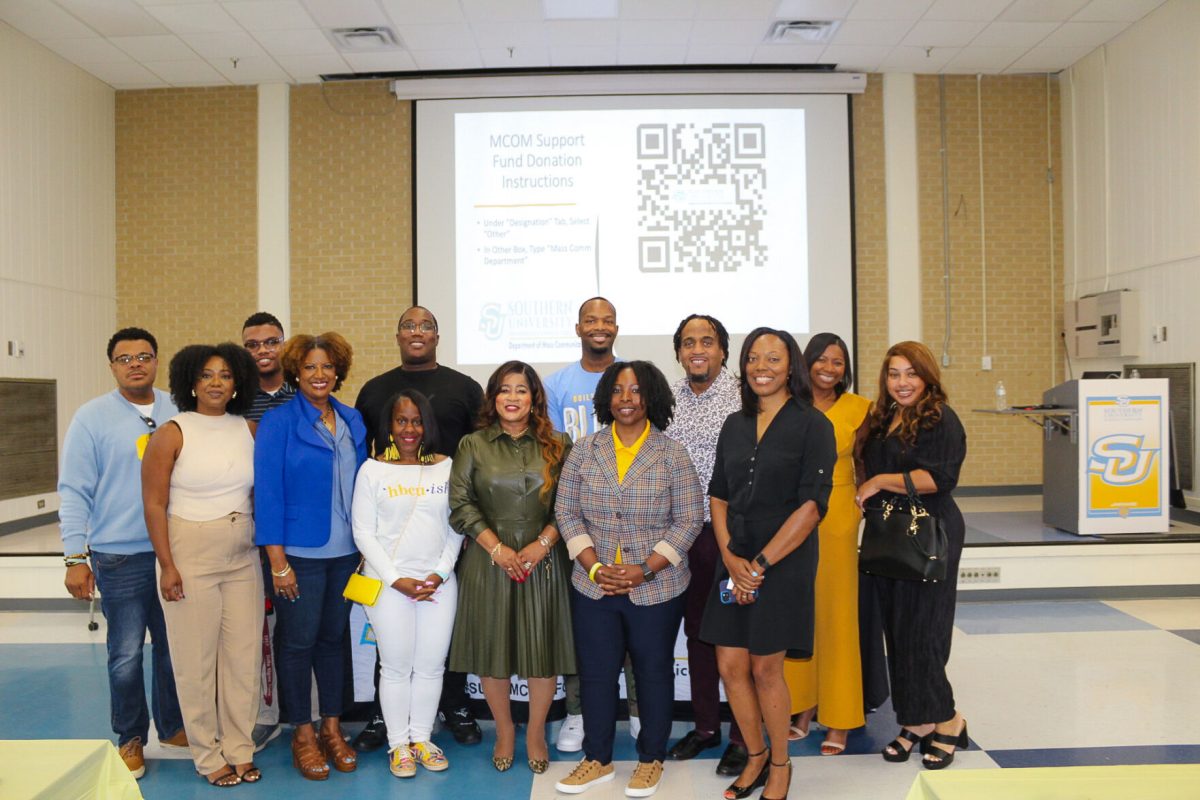 Grouped together in Stewart Hall auditorium the alumni of the Mass Communications Department led by Department head Yolanda Campbell and Club Founder Michelle McCalope posed for a picture.&#160;