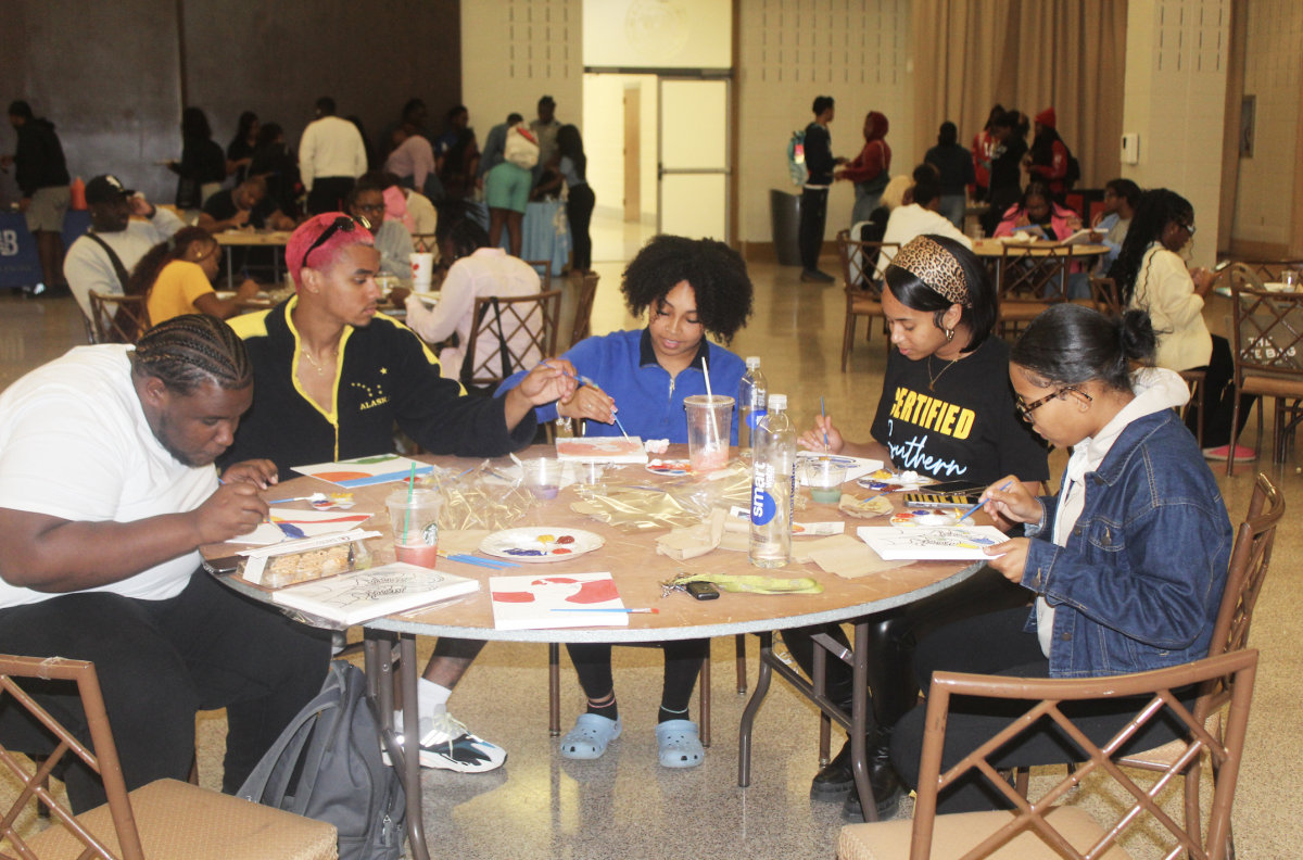 Students get creative with their canvases and enjoy the conversation of peers at the Crafting &amp; Conversations event hosted in the Cotillion Ballroom.&#160;