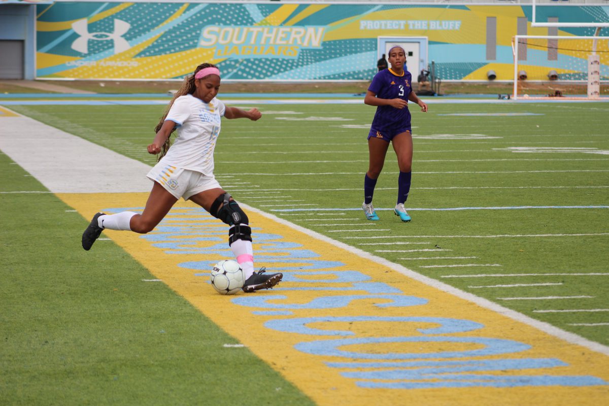 Senior Zylah Mulligan puts her all into a kick against PVAMU on Sunday, October 15 at A.W. Mumford Stadium.