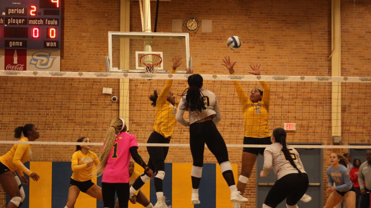 The Southern Jags work together to block a spike from UAPB during an intense rally on Monday, October 16.&#160;