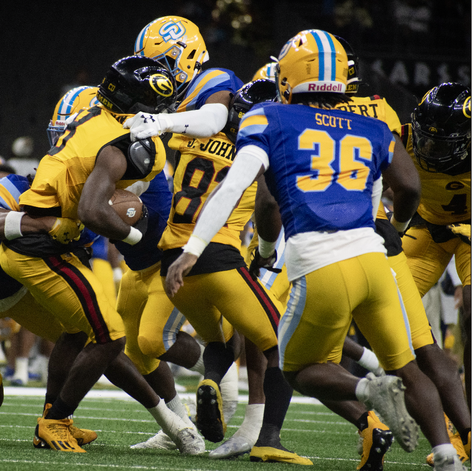 The Southern defense swarms the Grambling offense during the 2023 Bayou Classic inside the Caesars Superdome on Saturday, November 25.