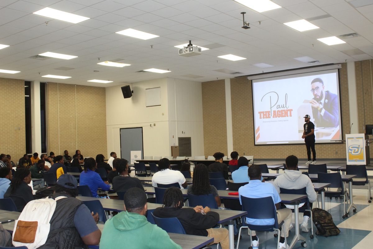 On October 23, 2023, Paul Derousselle, the guest speaker for Phlag on the play. Students came to Stewart Hall to listen and understand his journey as an NFL sports agent from Soutern Unversity. (Langston Fogg/ DIGEST )