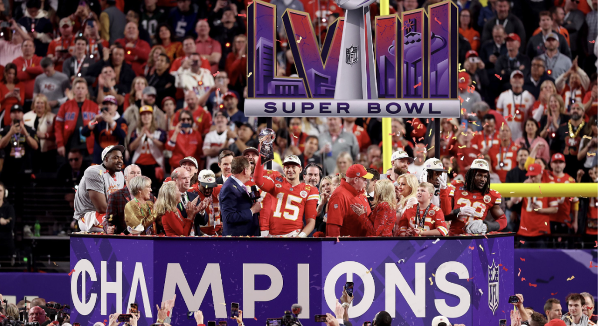 Kansas City Chiefs quarterback Patrick Mahomes holds the Lombardi Trophy after the Chiefs won Super Bowl LVIII on Sunday, February 11. Mahomes was named the game's Most Valuable Player. Steph Chambers/Getty Images