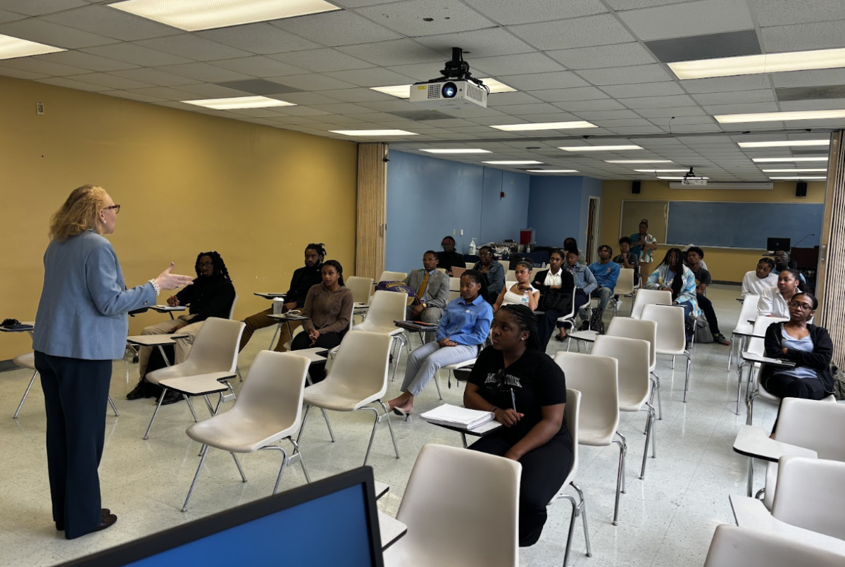 Students listen attentively to a presentation spoken by Director of Career Services, Mrs. Tamara Foster Montgomery.&#160;