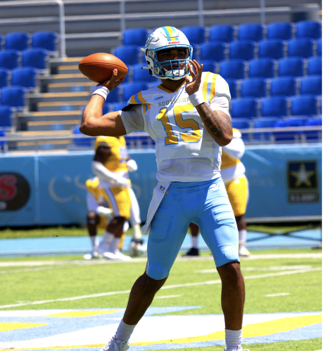 Quarterback Noah Bodden throwing a pass for the Blue &amp; Gold Spring game at A.W. Mumford Stadium on April 12.