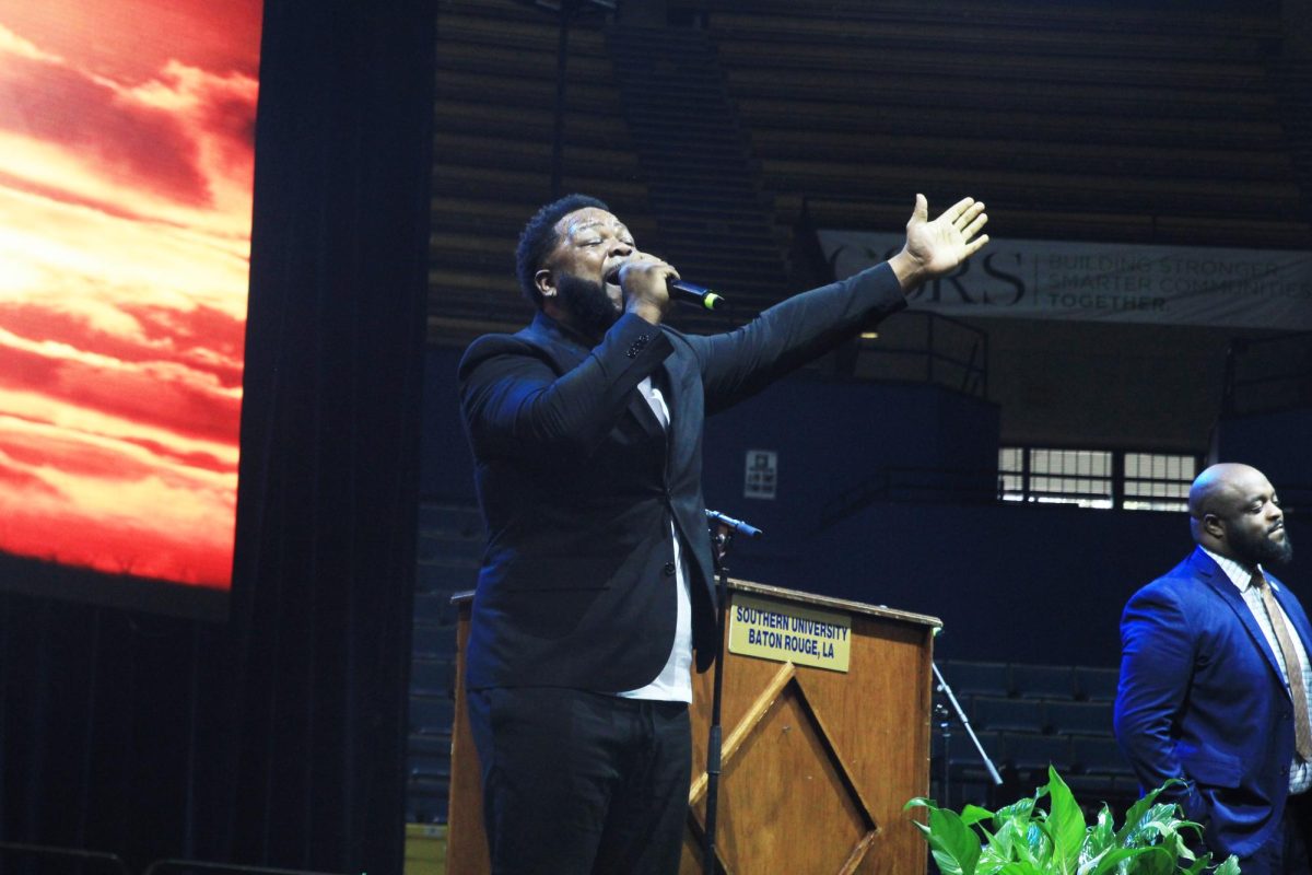 Gospel recording artist Zecardi Cortez sings a a gospel melody at the 2024 Homecoming Ecumenical Service on Monday, October 14 inside the F.G Clark Activity Center. 