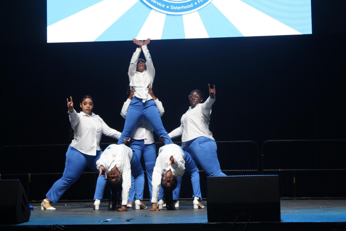 The Ladies of Beta Alpha of Zeta Phi Beta Sorority Inc performing at the Greek Stepshow held in the F.G. Clark Activity Center on October 18. 