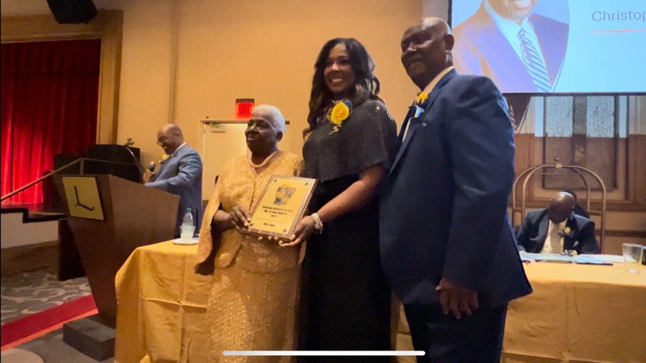 2024 SUSHOF Inductee Candace Southall, poses for a photo with her former Coach Nathaniel Denu and Commissioner Chairlady, Carolyn C. Williams. 