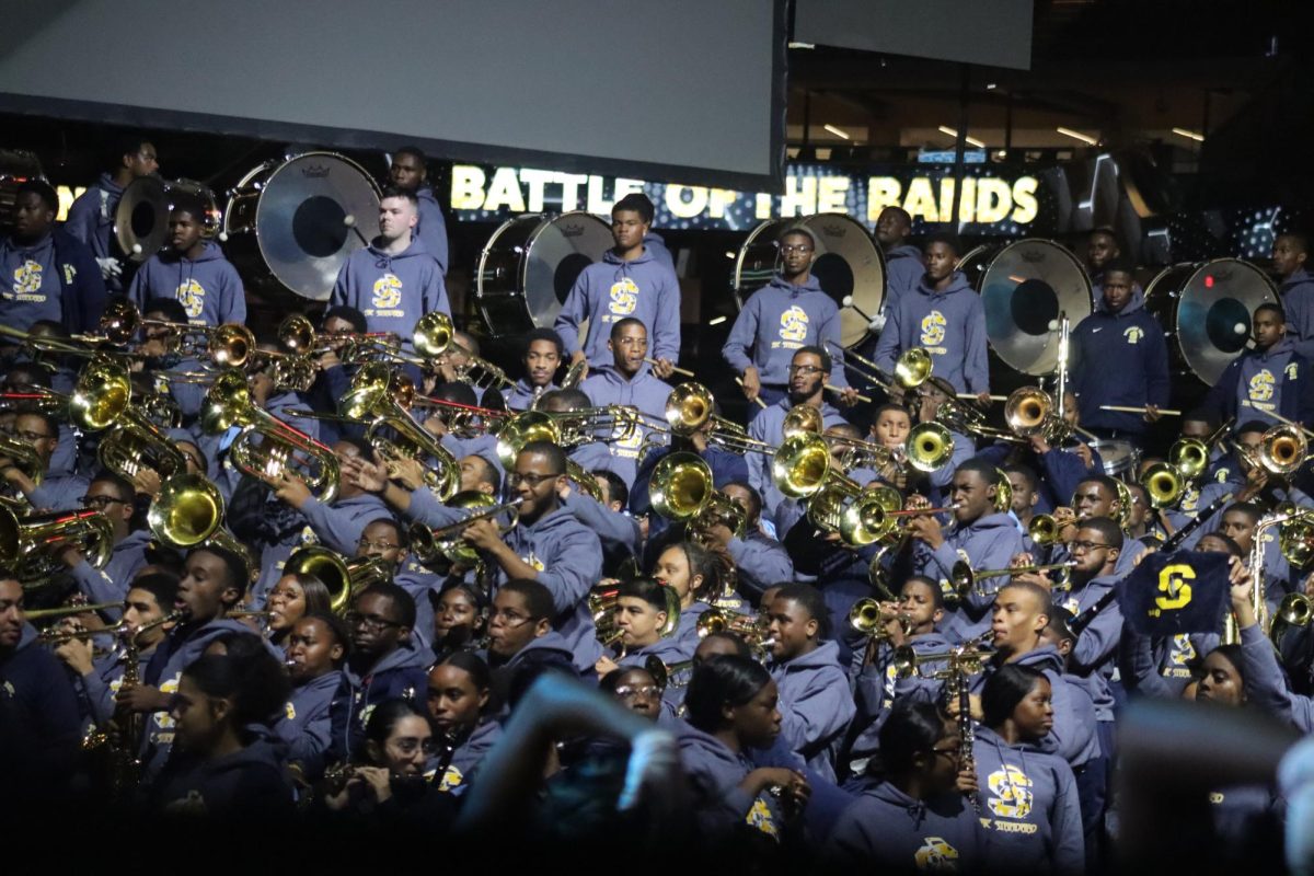 The Southern University Human Jukebox plays toward the  "World Famed" Tiger Marching Band on November 29, at the Battle of the Bands hosted in the Caesar's Superdome.