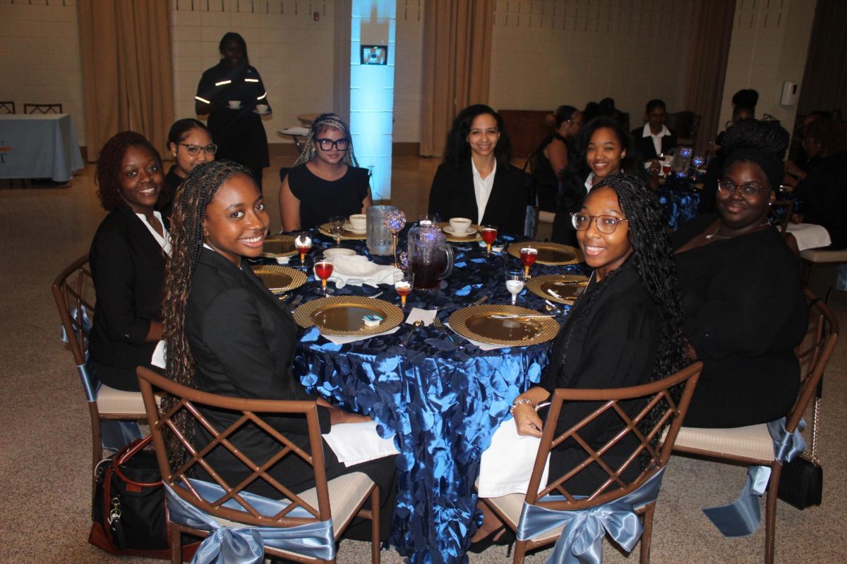 Students seating at the table during the "Such A Lady Etiquette Class", hosted by the 94th Miss Southern University, Faith Woods and the Alpha Tau Chapter of Delta Sigma Theta Sorority Inc. on February 10 inside the Royal Cotillion Student Union ballroom. 