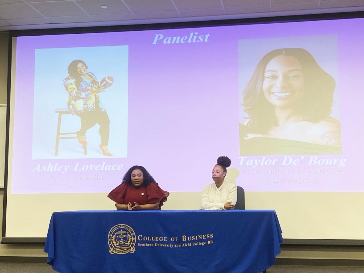 Student sports journalist Ashley Lovelace and Assistant Director of Markeing/Development for SU Athletics, Taylor De’ Bourge, speaks to attendees at the “Women in Sports” panel discussion, hosted by Minorities in Sports (MIS) and the Women’s Business Alliance. The event was held inside T.T. Allain Auditorium on Thursday, February 13.
