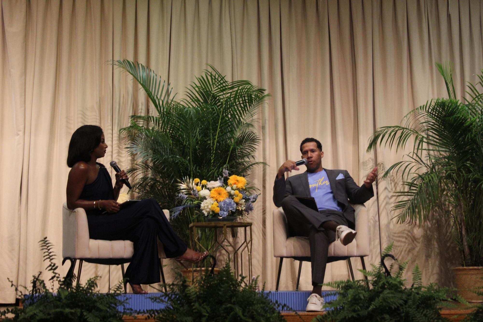 Host, Darby Smith and special guest, Lodric Collins having an insightful conversation in the Smith Brown Memorial Student Union Ballroom.