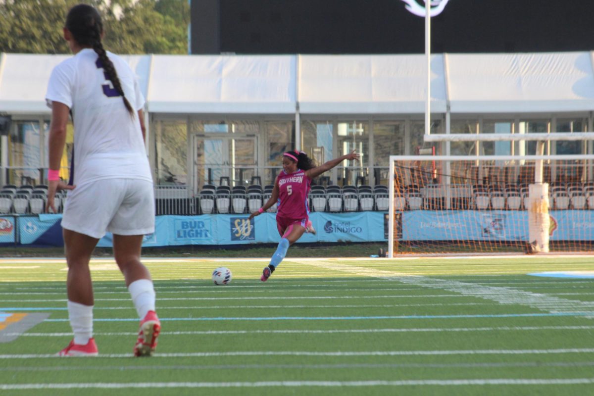 Graduate student defense Alyssa Romero takes a free kick during senior night vs Alcorn State University at A.W. Mumford Stadium on October 17, 2025.