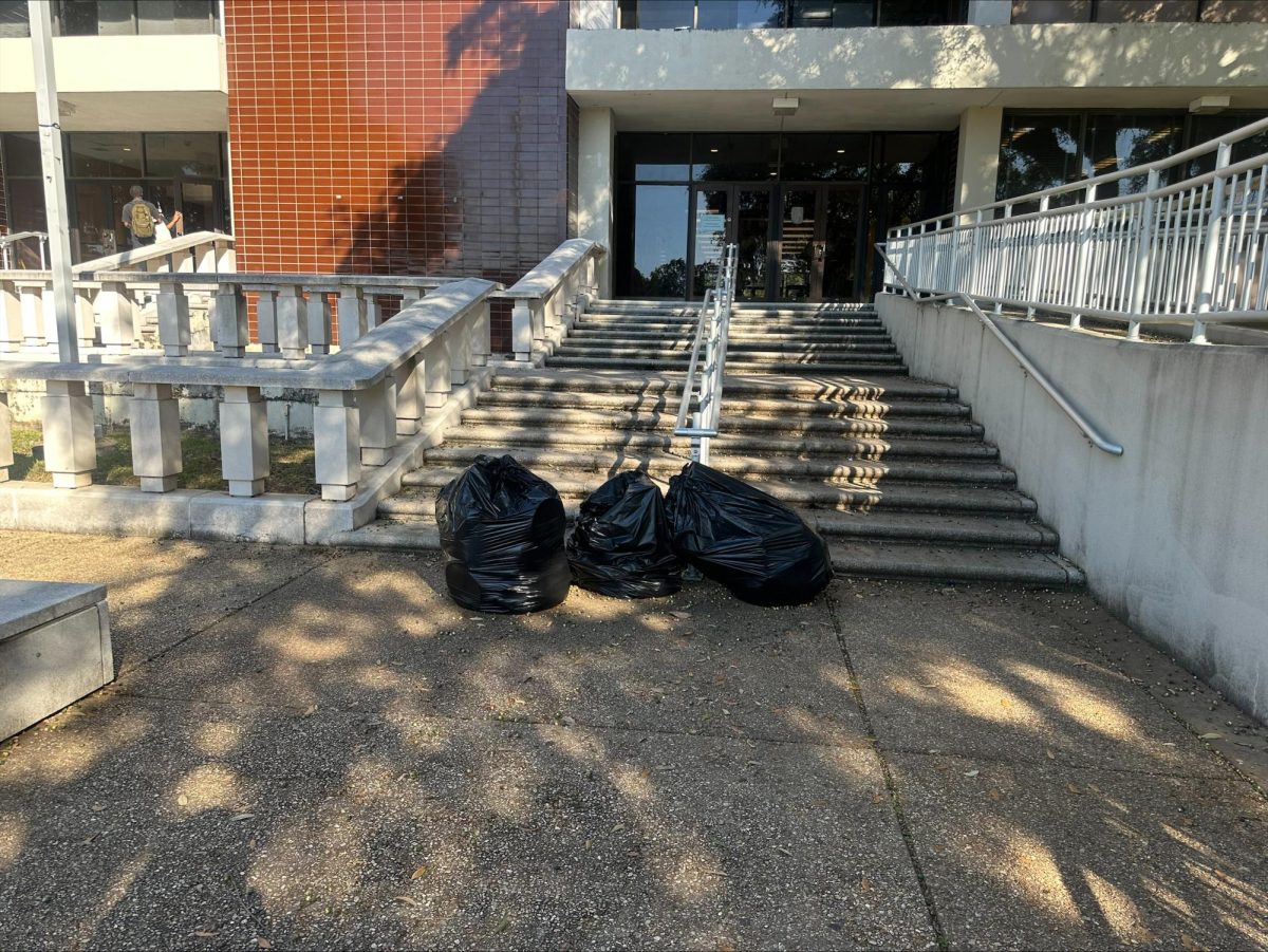Trash bags left in front of T.T. Allain after Homecoming festivities.