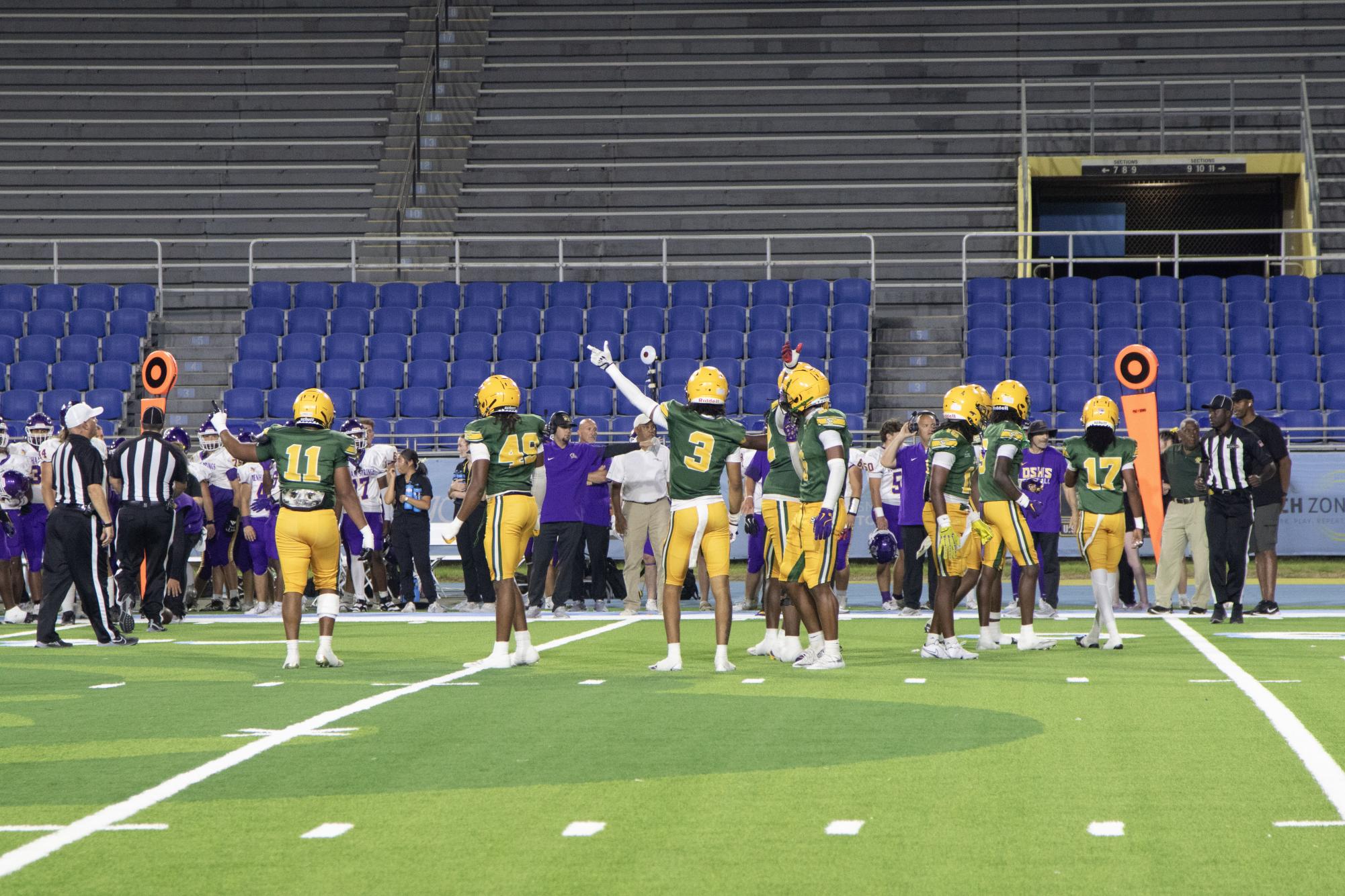 Southern Lab Defense celebrates an intercepted pass on the Dehnam Springs offense in the 3rd quarter of the game on October 2nd at A.W. Mumford Stadium. 