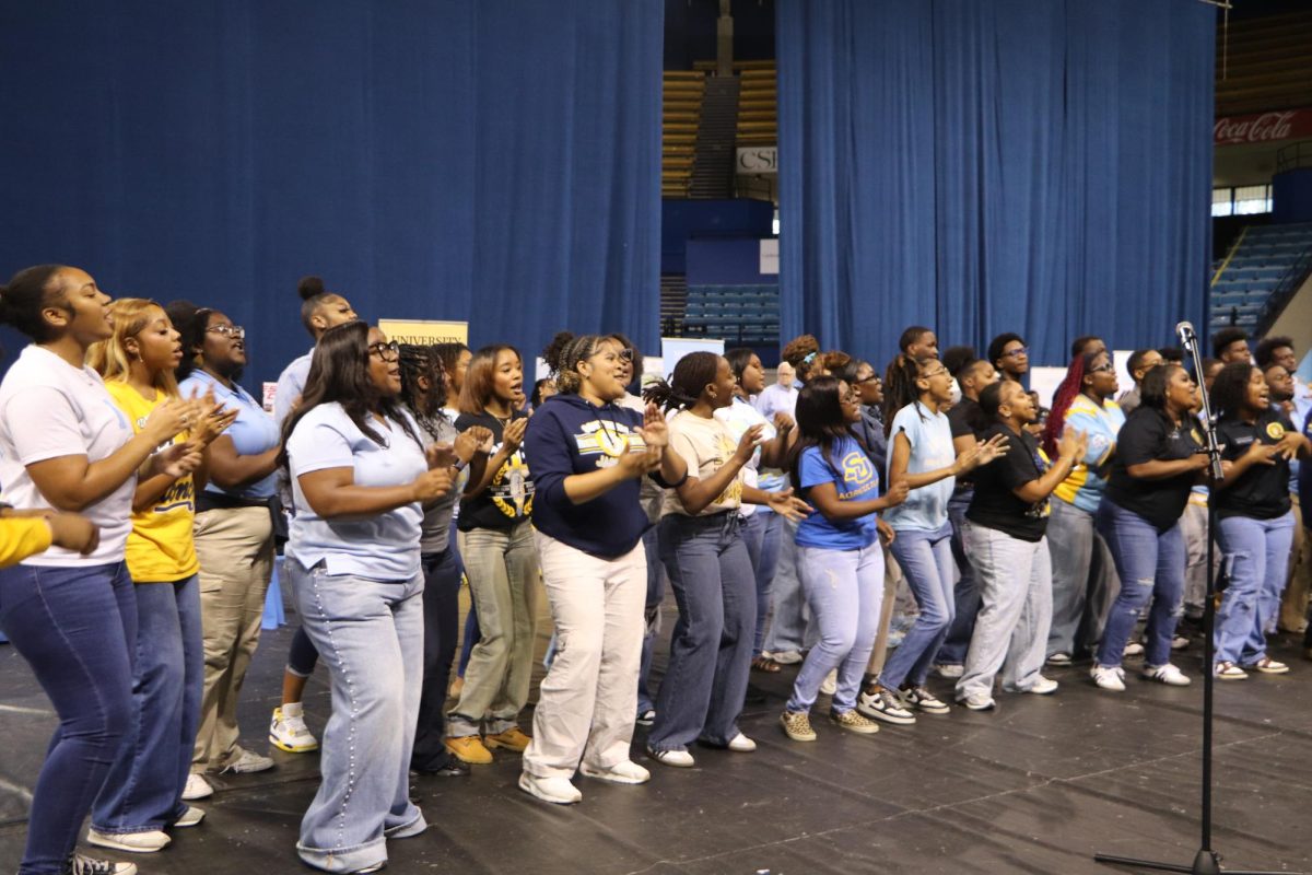 The Southern University Gospel Choir performing during Jaguar Preview Day, setting the tone for the morning, on November 15 in the F.G. Clark Activity Center.