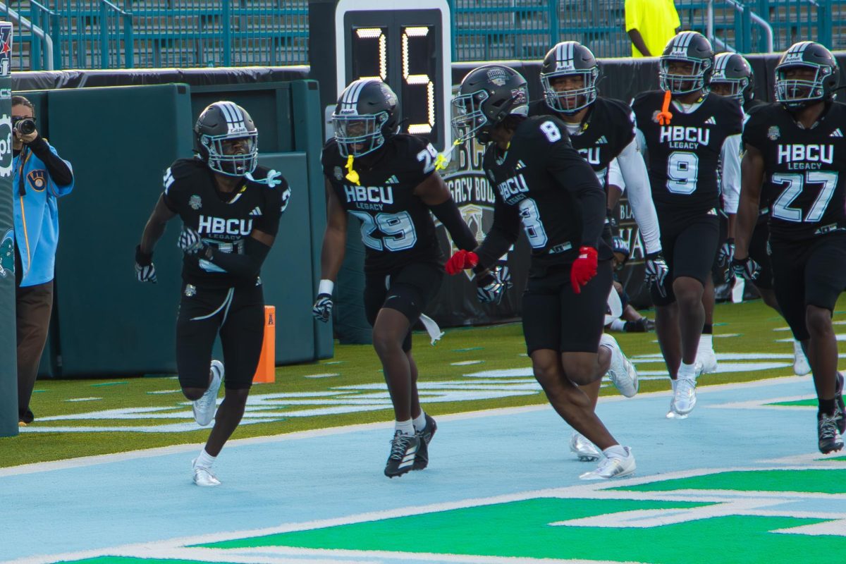 Team Robinson celebrates an interception against Team Gaither in the 2nd Quarter of the HBCU Legacy Bowl All-Star Bowl game on Saturday, February 21 in New Orleans at Yulman Stadium.