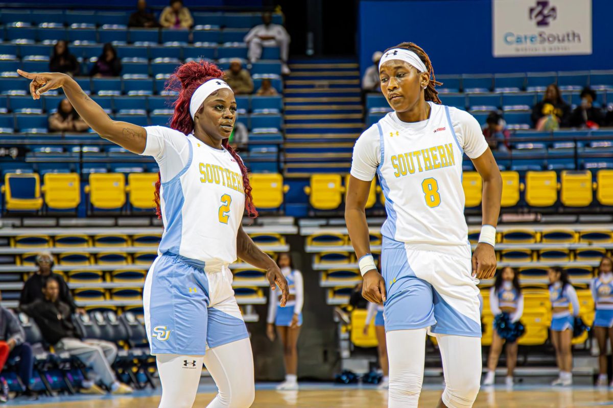 Guards Jaylia Reed and Mykayla Cunnigham strategizing on defense in the 2nd Quarter of their matchup against ASU on February 5.