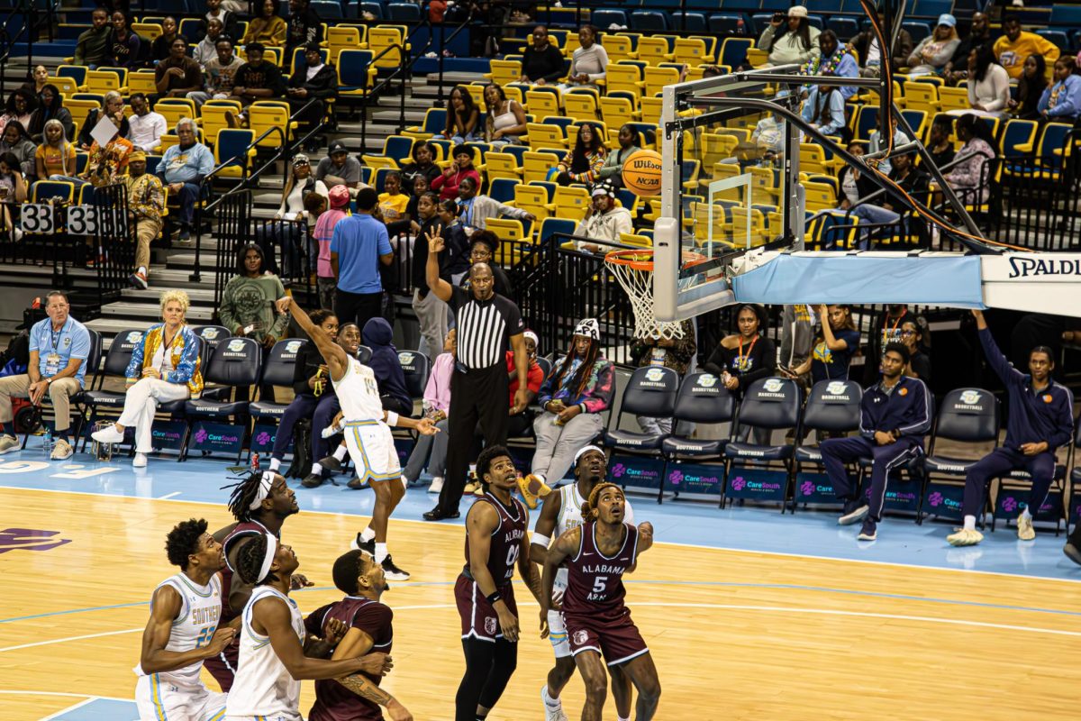 Sophomore Guard Fazl Oshodi cashes in a corner three-pointer in the 1st Half against the Alabama A&M Bulldogs on Saturday, February 7 in the F.G. Clark Activity Center.