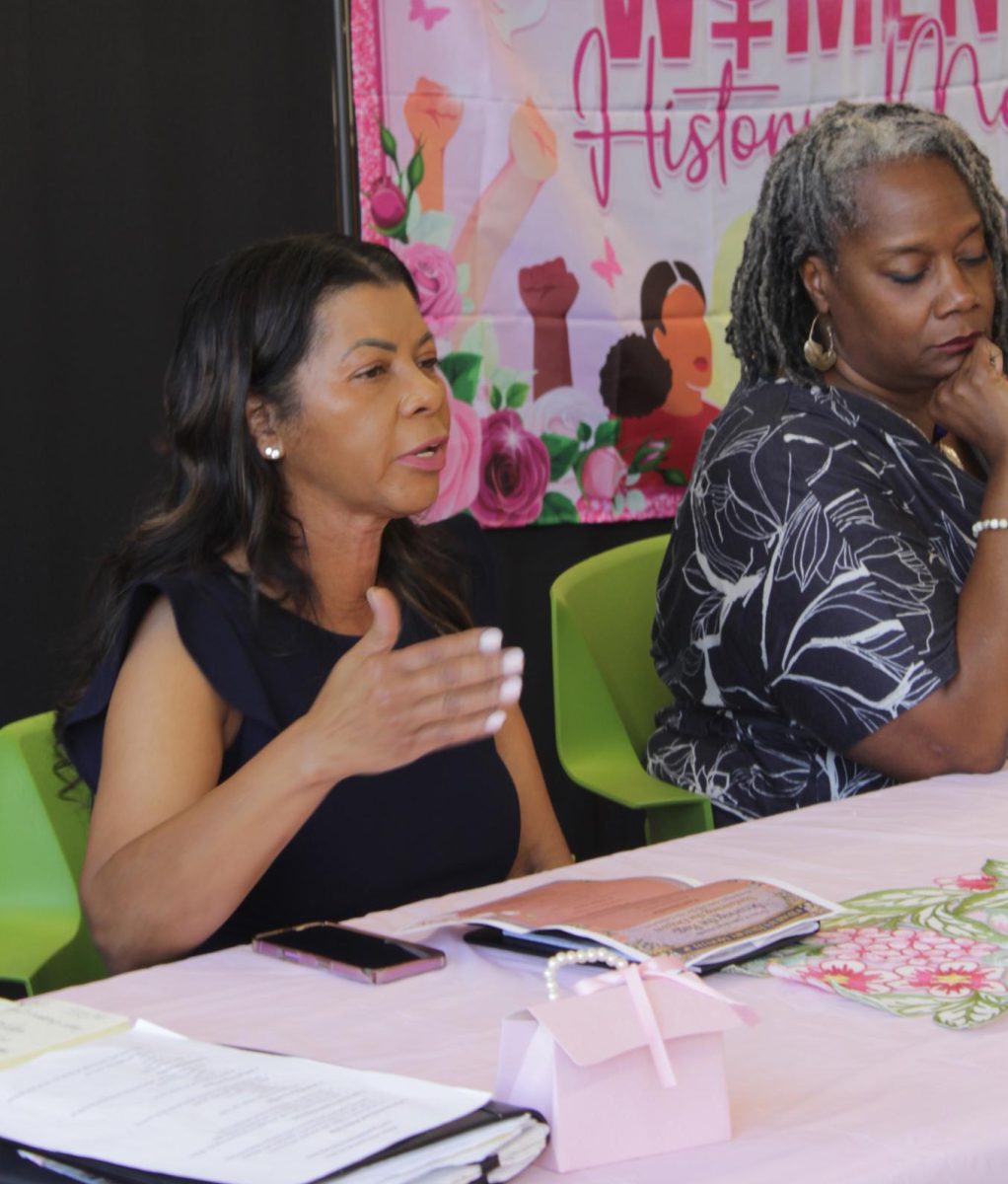 Dr. Melanie Johnson and Dr. Cynthia Bryant discuss how financial literacy is important to students at the  Women's History Month panel in the John B. Cade Library, on Thursday March 26.
